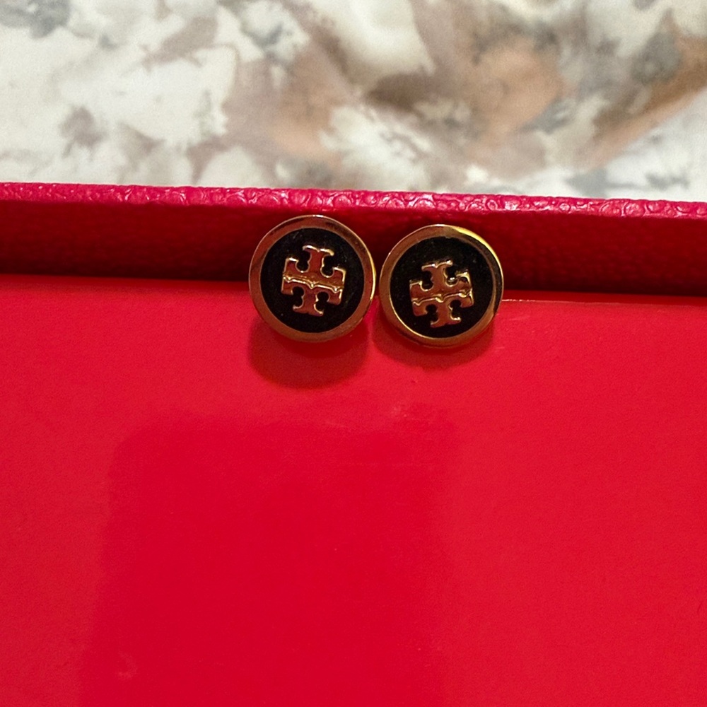 Tory Burch Black and Gold Logo Stud Earrings